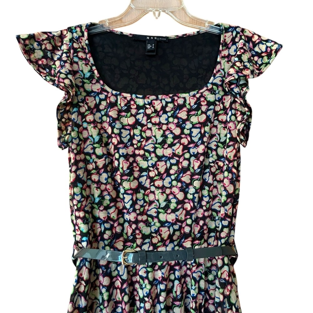 Mango‎ MNG Belted Mini Dress Women's Size S Knit Sleeveless Fruit Print Pockets